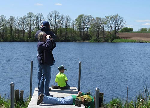 Family viewing waterfowl from dock
